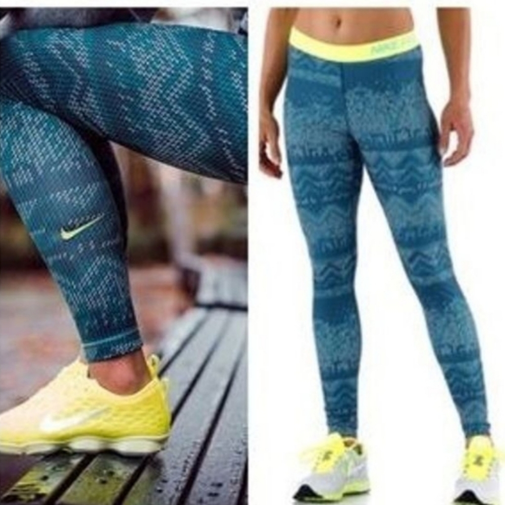 Nike Pro Neon/Blue Print Elastic Waist Full Length Leggings Sz S